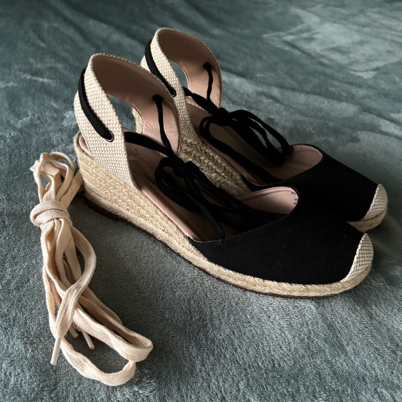 Journee Collection Black and Beige Espadrille Lace-up Wedges - Picture 3 of 12